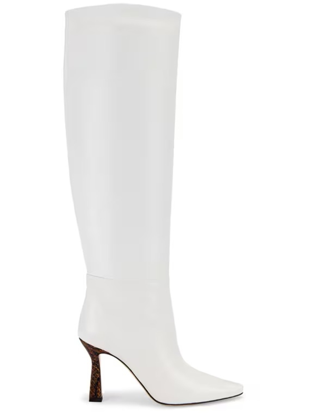 Wandler White Knee-High Leather Boot with Textured Python Brown Heel